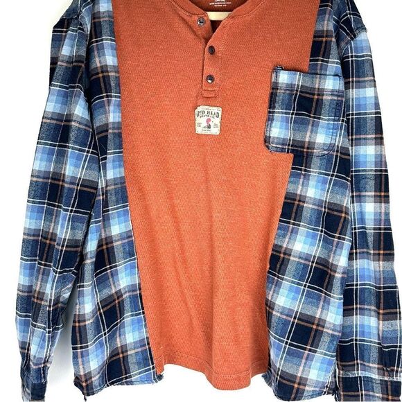 RedHead Long Sleeve Henley Reworked Upcycled Two Tone Plaid Flannel Shirt Top - Picture 4 of 4
